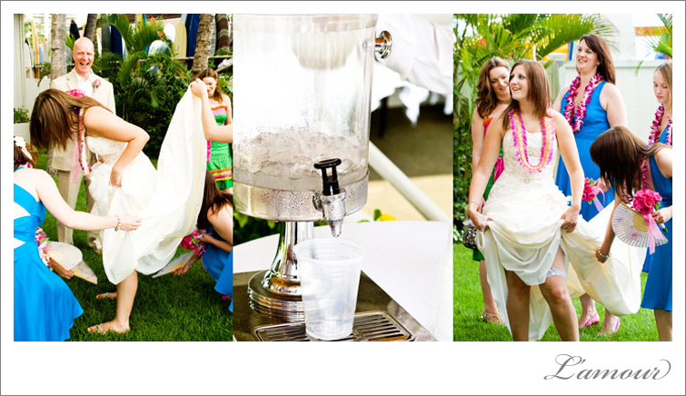 Bridesmaids help cool the bride with fans. Ice cold water is a must have for tropical destination weddings.